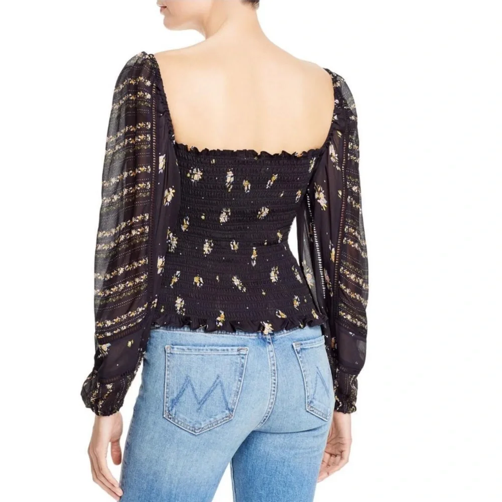 SOLD Anthropologie Dolan Pieta Balloon Sleeve Smocked Floral Blouse Large Black - Picture 4 of 11